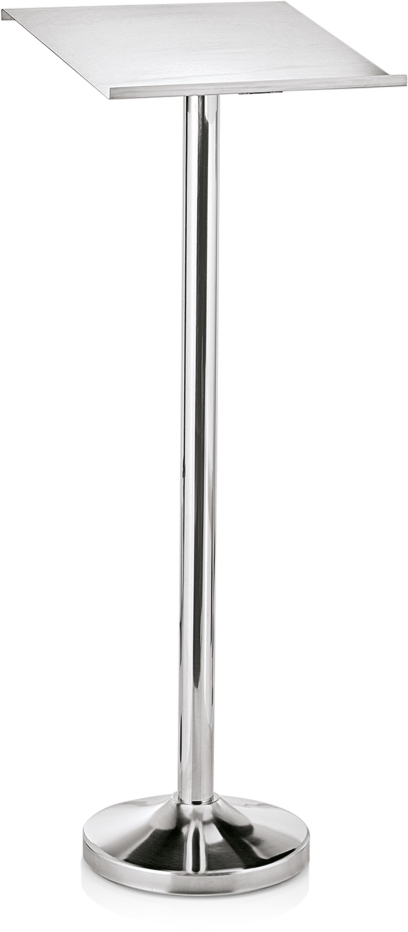 Auslagepult, Höhe 118 cm, Pult 44 x 34,5 cm, edelstahlfarben, Chromnickelstahl